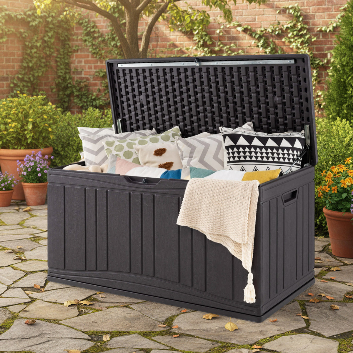 80 Gallon Outdoor Deck Box with Lockable Lid for Garden Tools Cushions-Brown