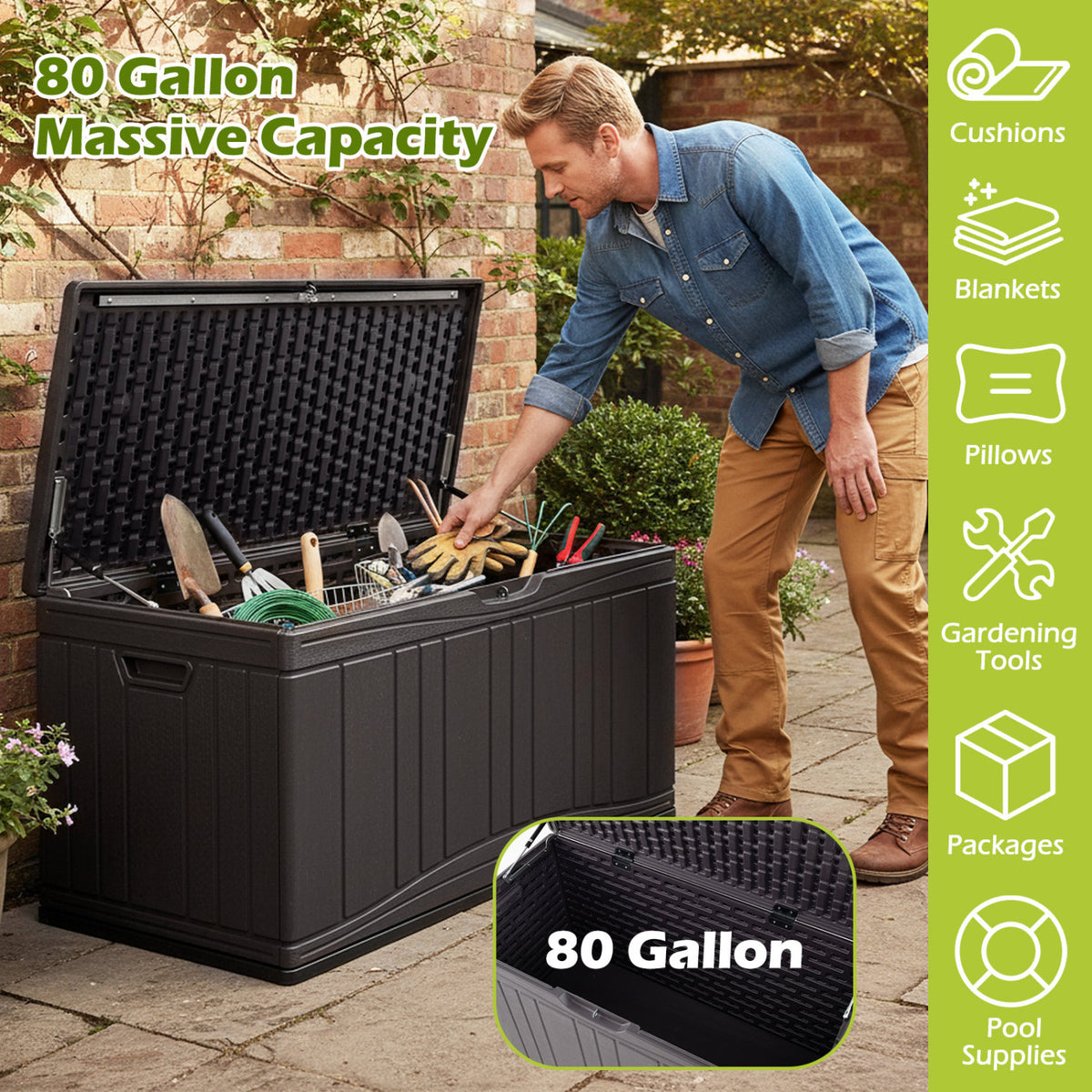 80 Gallon Outdoor Deck Box with Lockable Lid for Garden Tools Cushions-Brown