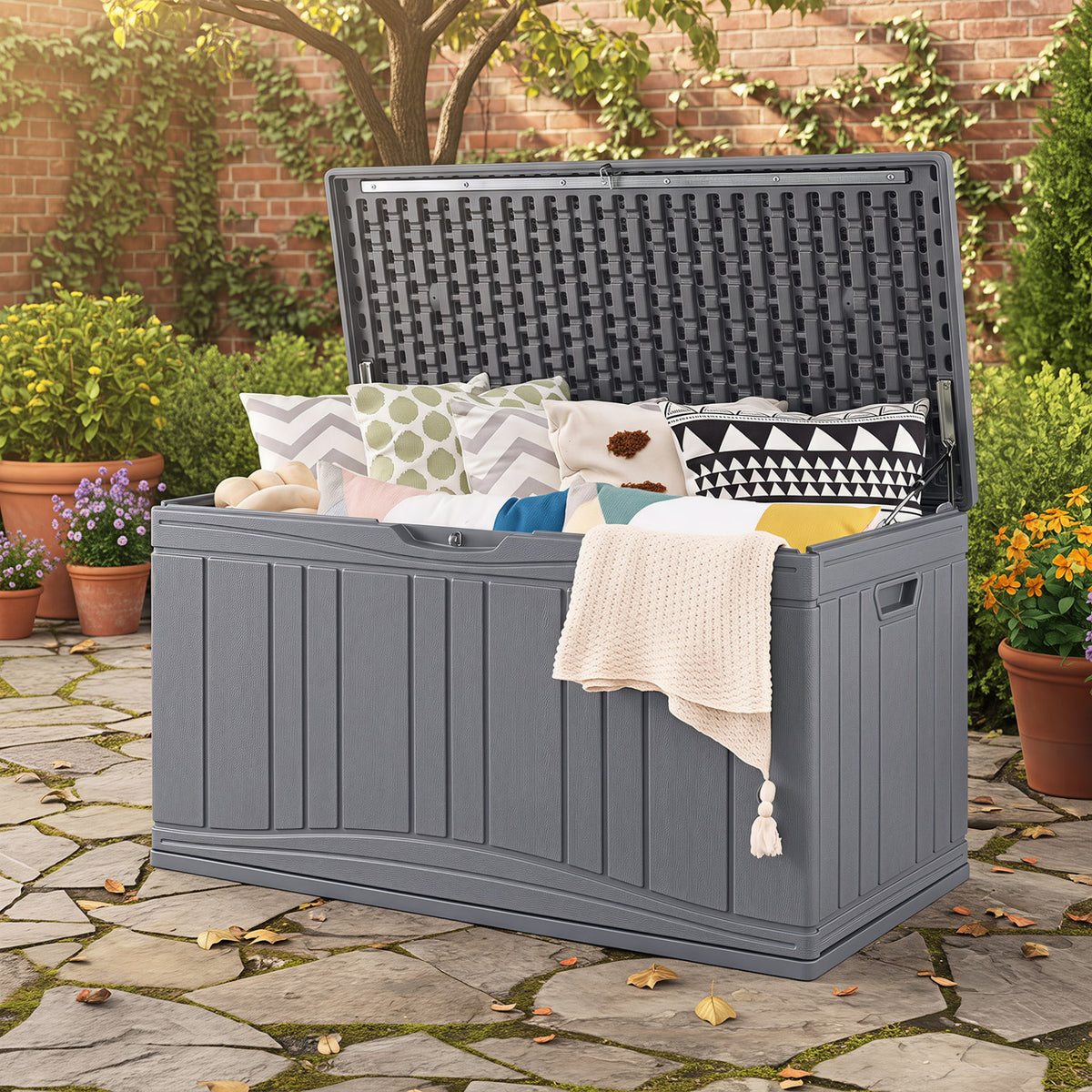 80 Gallon Outdoor Deck Box with Lockable Lid for Garden Tools Cushions-Gray color