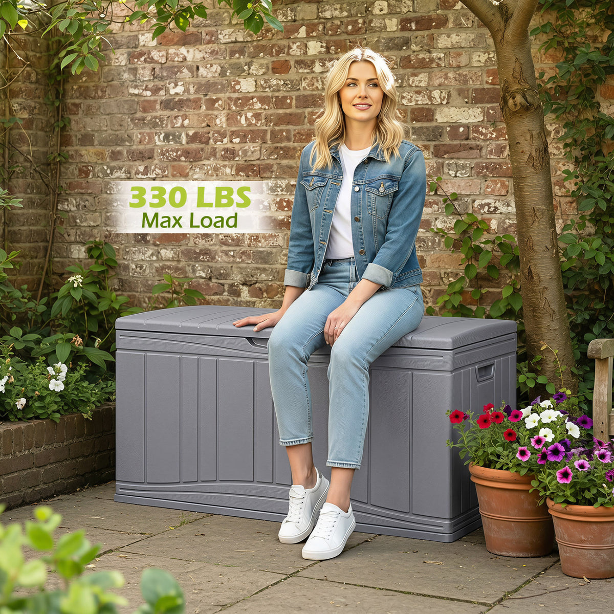 80 Gallon Outdoor Deck Box with Lockable Lid for Garden Tools Cushions-Gray color