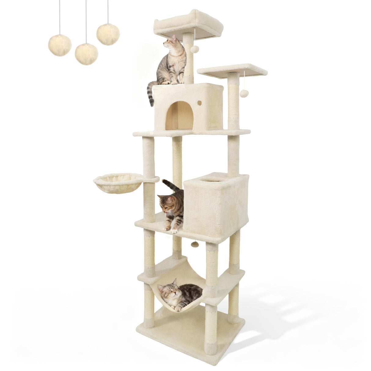 80 Inches Tall Cat Tree with 2 Large Condos and Dangling Toys-Beige