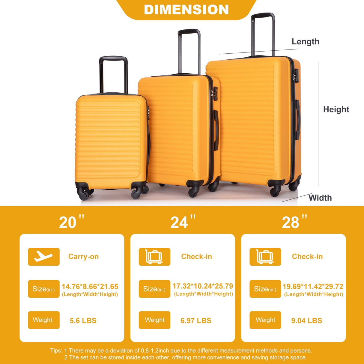 3 Piece Luggage Sets Lightweight Suitcase With Two Hooks, Spinner Wheels, Tsa Lock by Couch.com