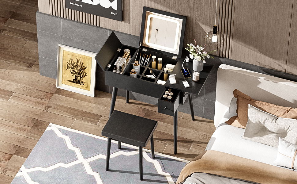 Couch.com Makeup Vanity Desk With Flip Top Mirror And LED Light, Dressing Table With Charging Station, 2 Drawers And Fold Up Panel, Vanity Set With Cushioned Stool For Bedroom Black, with Storage by Couch.com