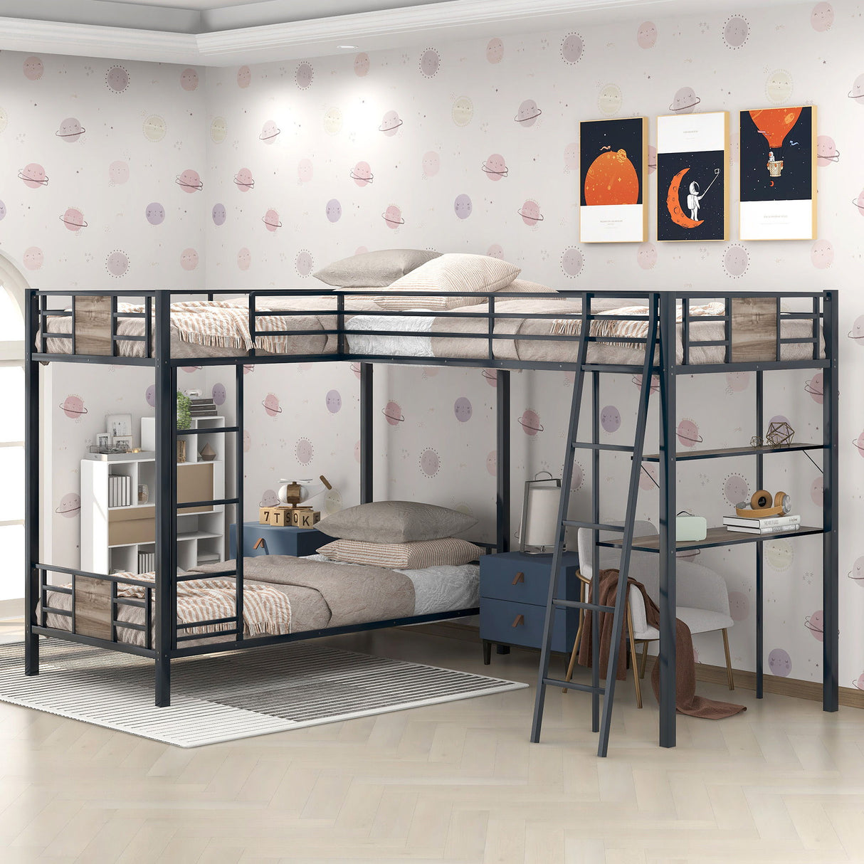 L-Shaped Twin Over Twin Bunk Bed With Twin Size Loft Bed With Desk And Shelf - Brown by Couch.com
