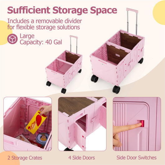 Large Foldable Utility Cart with 2-Tier Storage Crates and Telescoping Handle-Pink