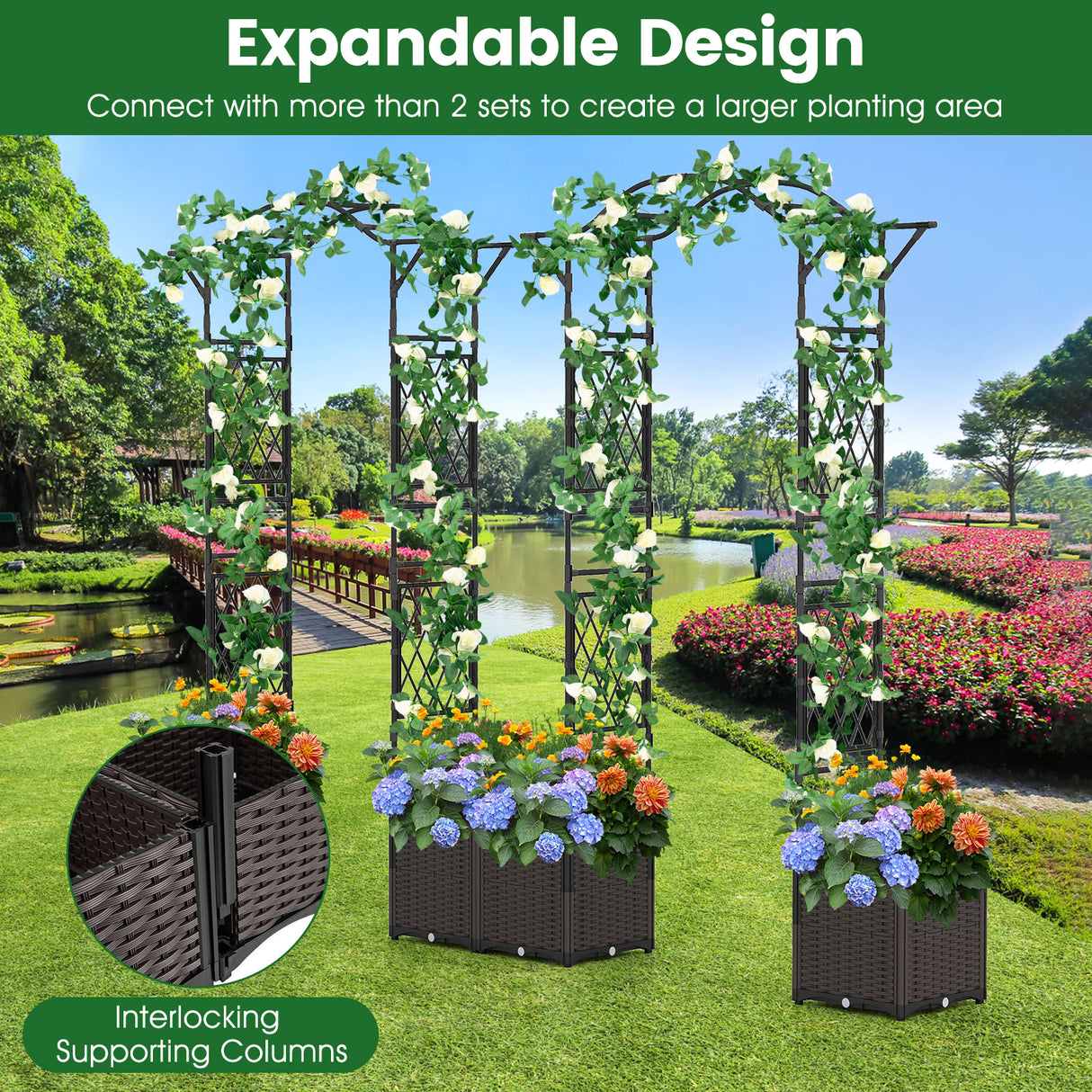 82 x 99 Inch Garden Arch Trellis with 2 Self-Watering Planter Boxes Wheels-Black
