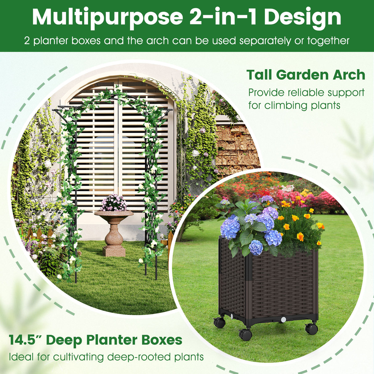 82 x 99 Inch Garden Arch Trellis with 2 Self-Watering Planter Boxes Wheels-Black