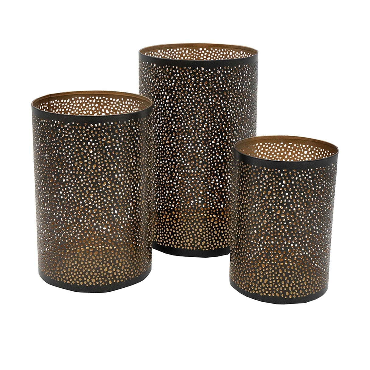 Set of 3 Pierced Metal Hurricanes in Black & Gold