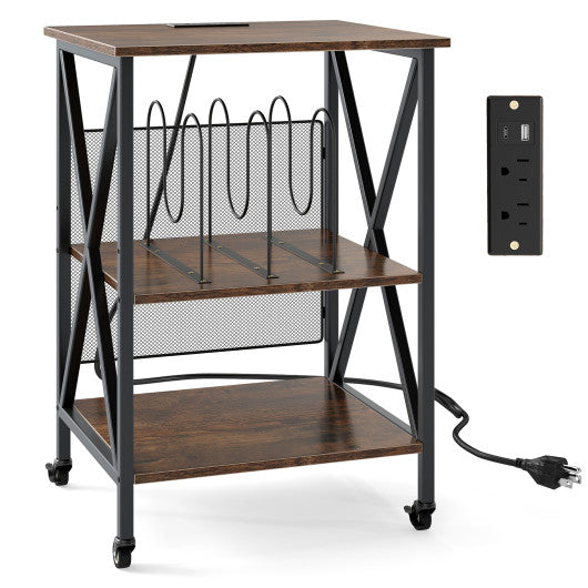 3-Tier Record Player Stand with Charging Station and Adjustable Shelf-Coffee