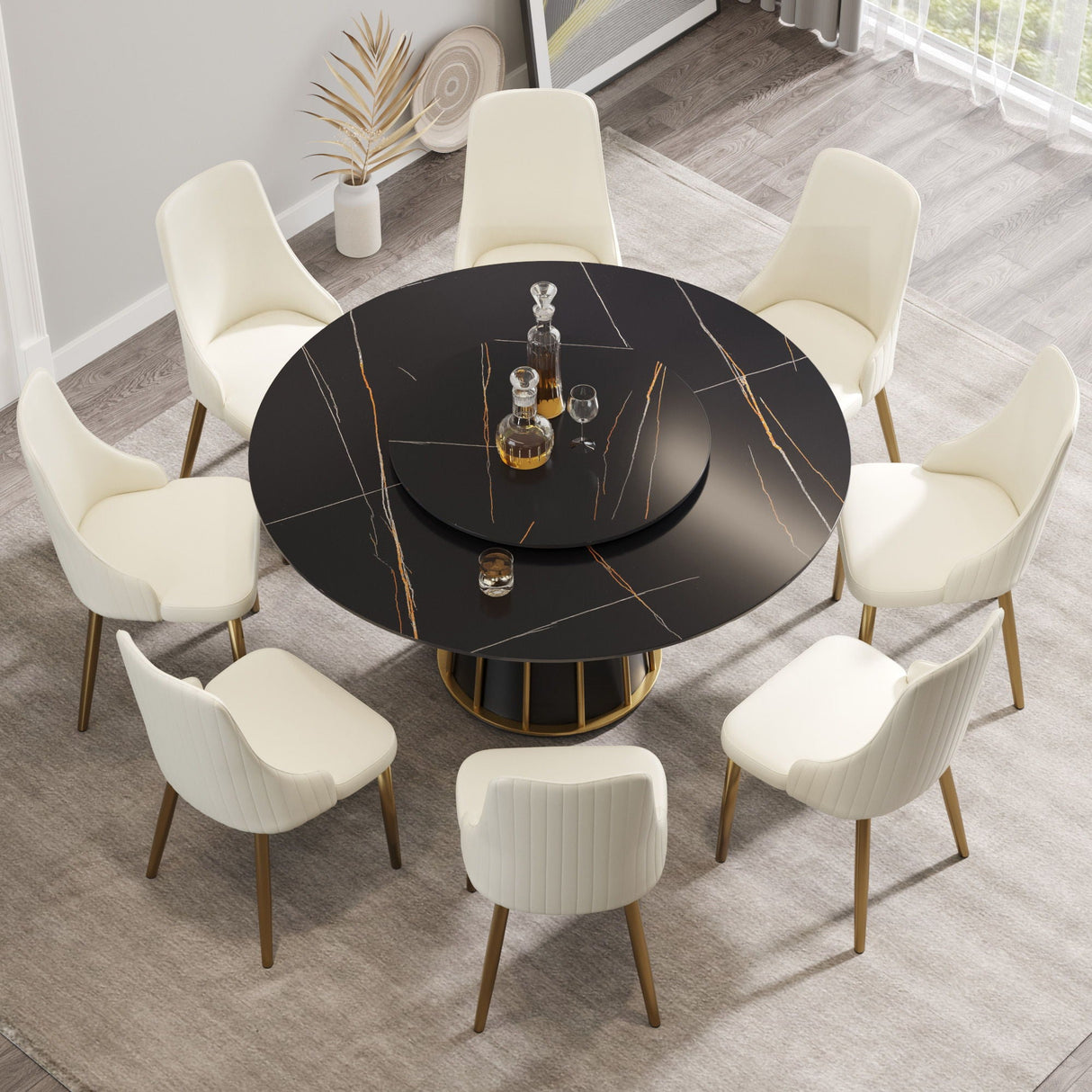 Modern Artificial Stone Round Metal Iron Base Dining Table, Can Accommodate 8 People Artificial Stone Turntable (Not Including Chairs) - Black by Couch.com