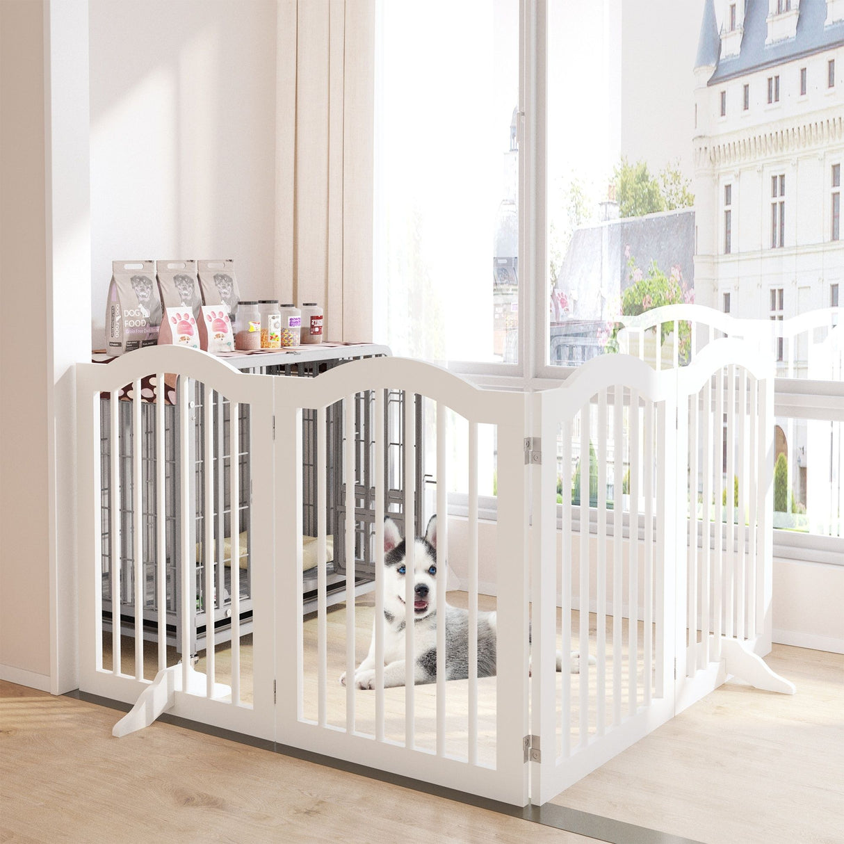 4 Panel Freestanding Pet Gate With Foldable Design And Support Feet - White