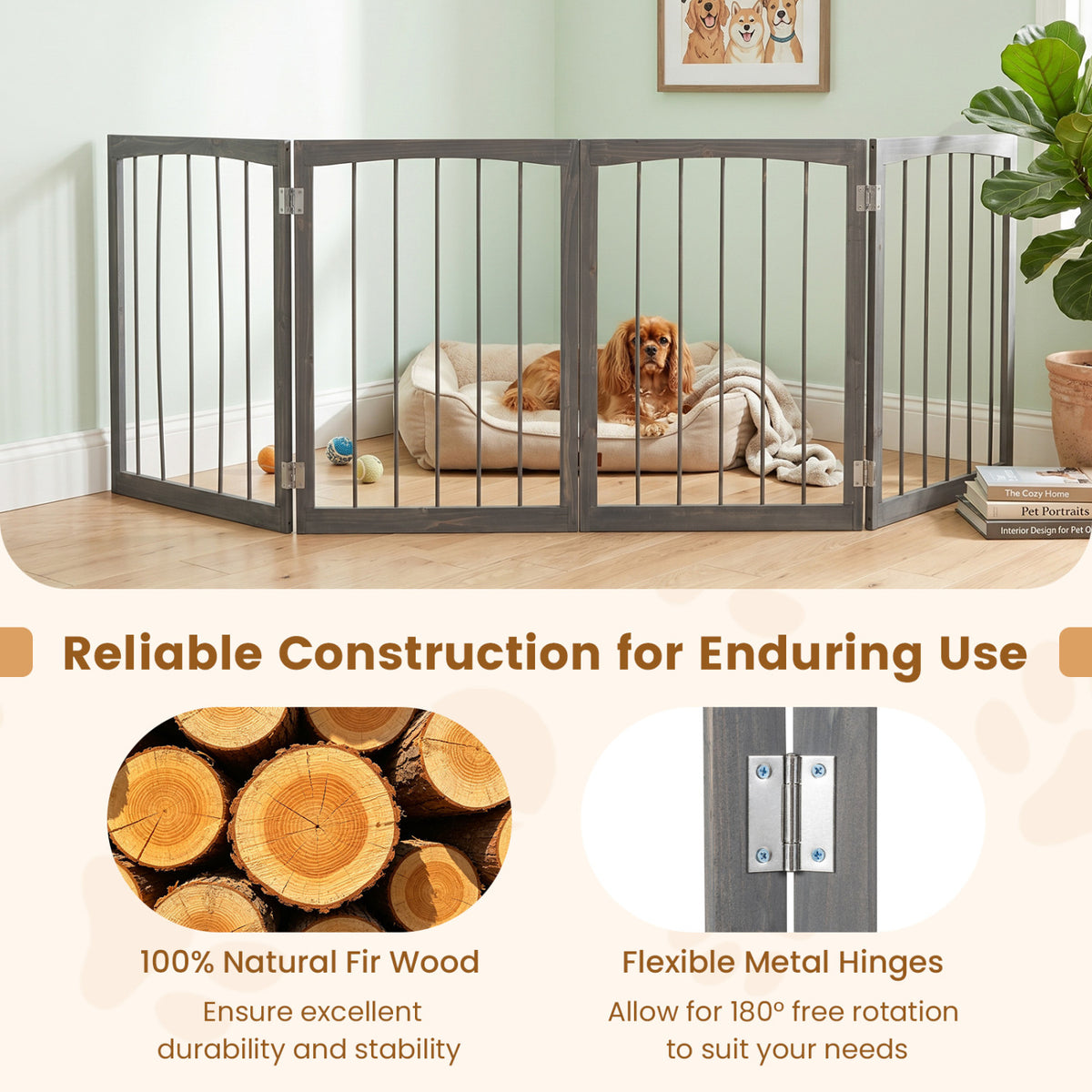 83 inch L x 30 inch H Dog Gate 4-Panel Wooden Pet Fence for Indoor-Gray