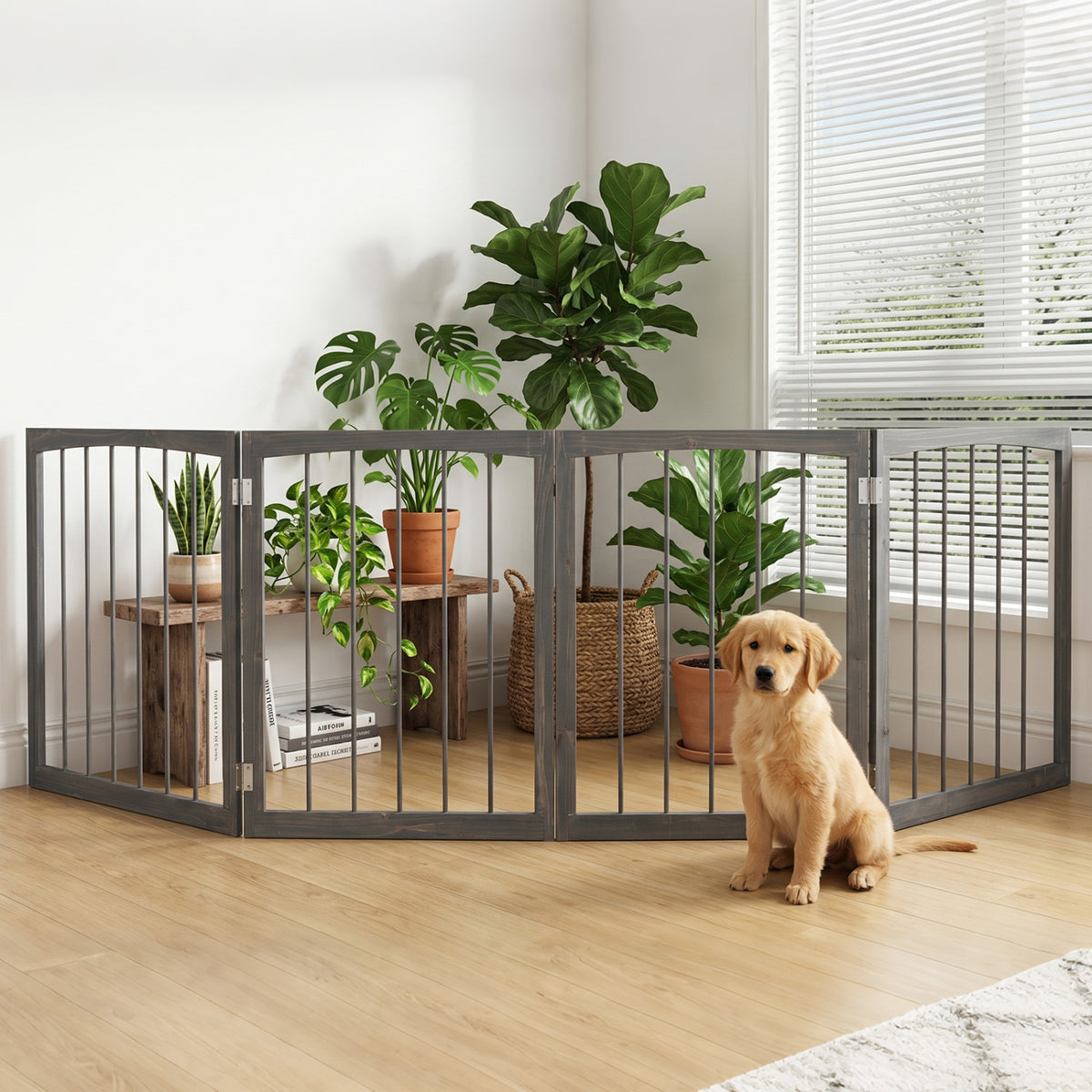 83 inch L x 30 inch H Dog Gate 4-Panel Wooden Pet Fence for Indoor-Gray