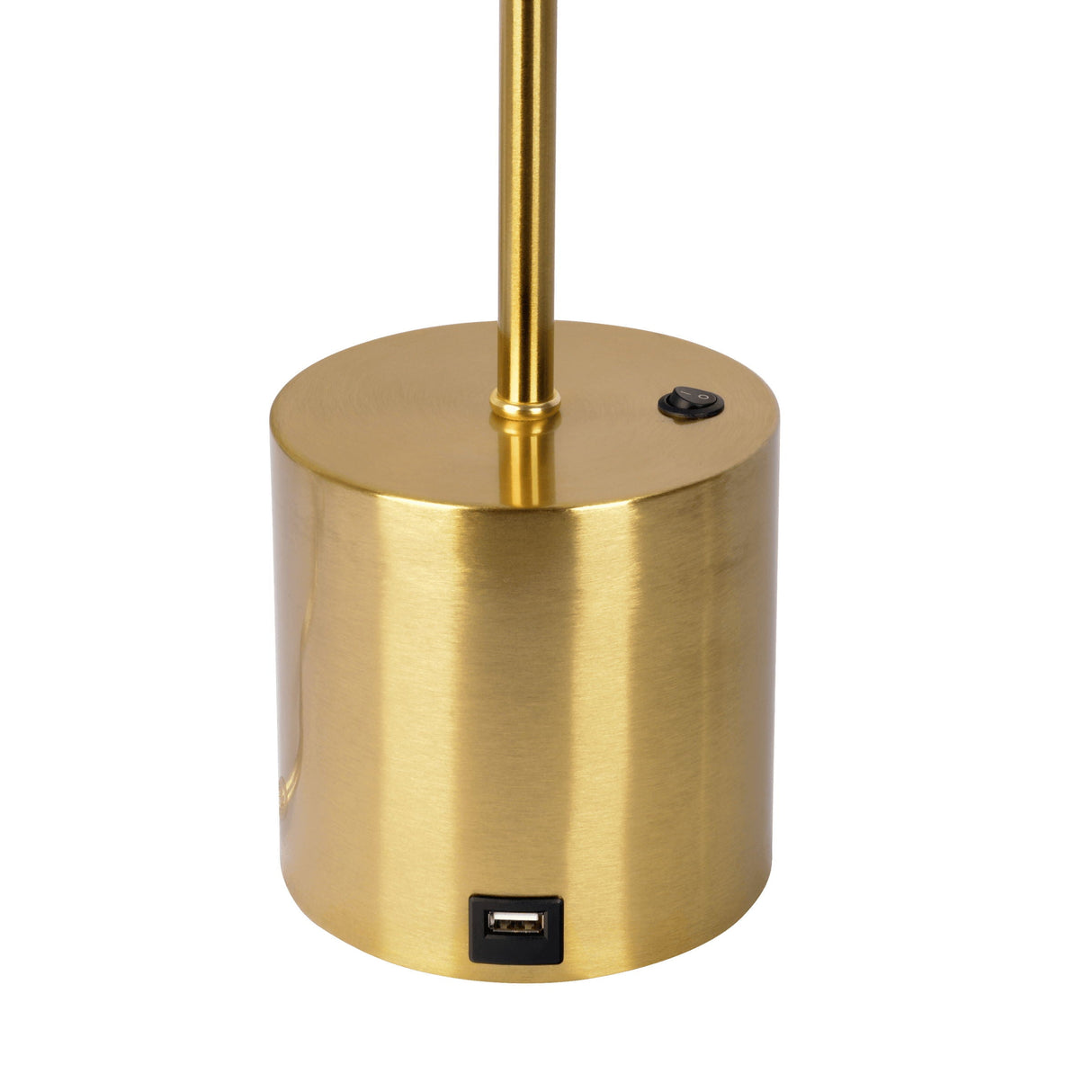 A close-up of the Ethereal Modern Small Table Lamp shows a cylindrical gold lamp base with a USB port and black button on top, with the stem extending from the center.