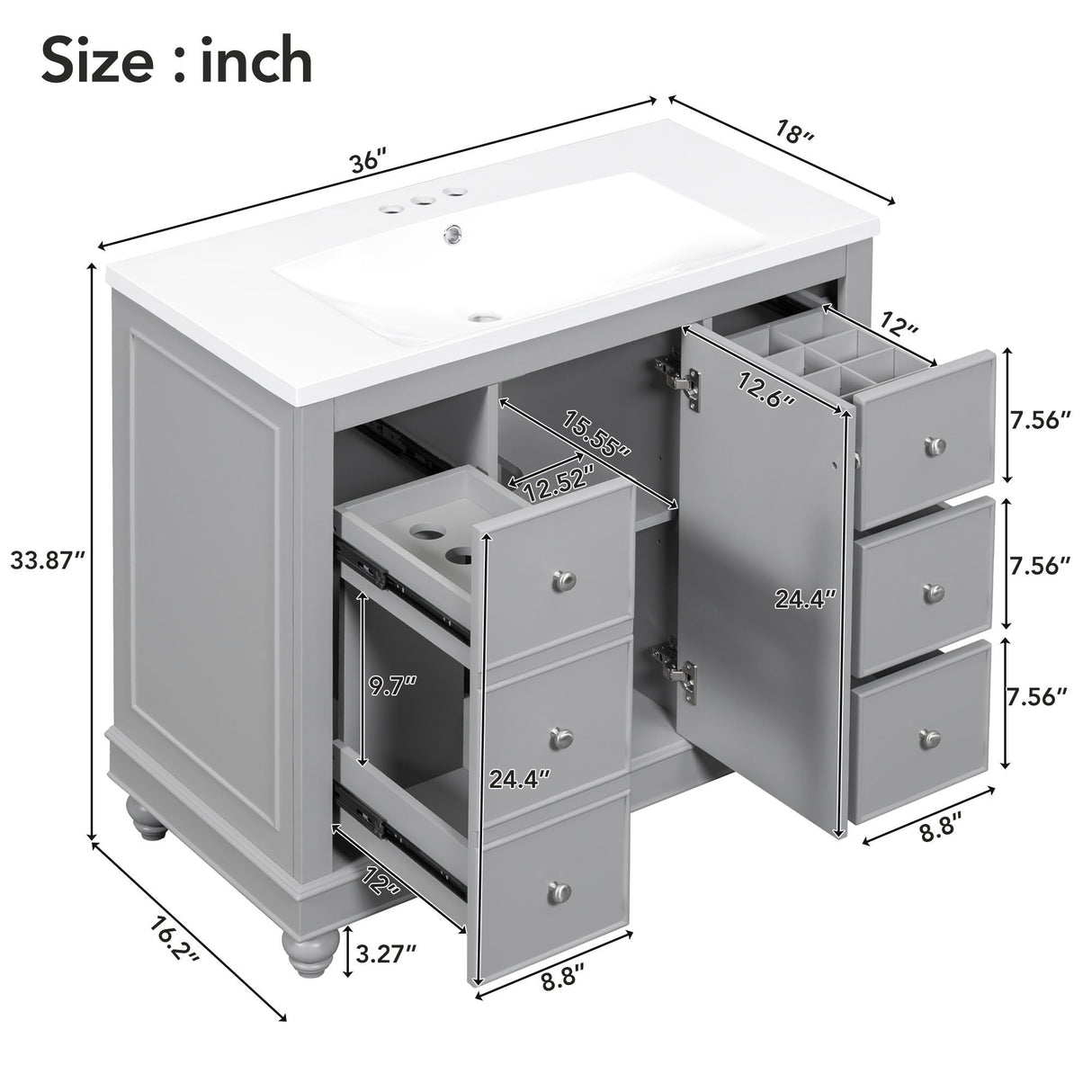 Contemporary Bathroom Vanity Cabinet, 4 Drawers & 1 Cabinet Door, Multipurpose Storage, Resin Integrated Sink, Adjustable Shelves, Solid Wood Frame With MDF by Couch.com