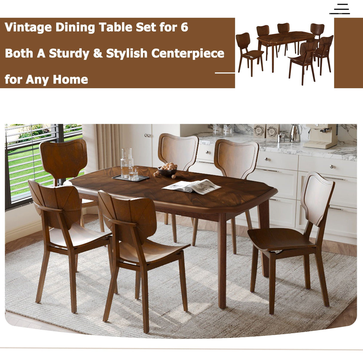 Topmax - 7 Piece Vintage Dining Table Set With 6 Dining Chairs, Kitchen Table Set For 6 With Curved Back And Seat by Couch.com
