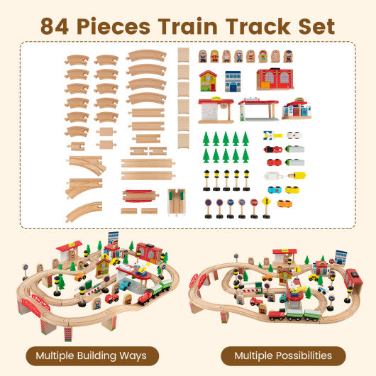 84-Piece Wooden Train and Activity Table with Reversible Top for Learning and Play