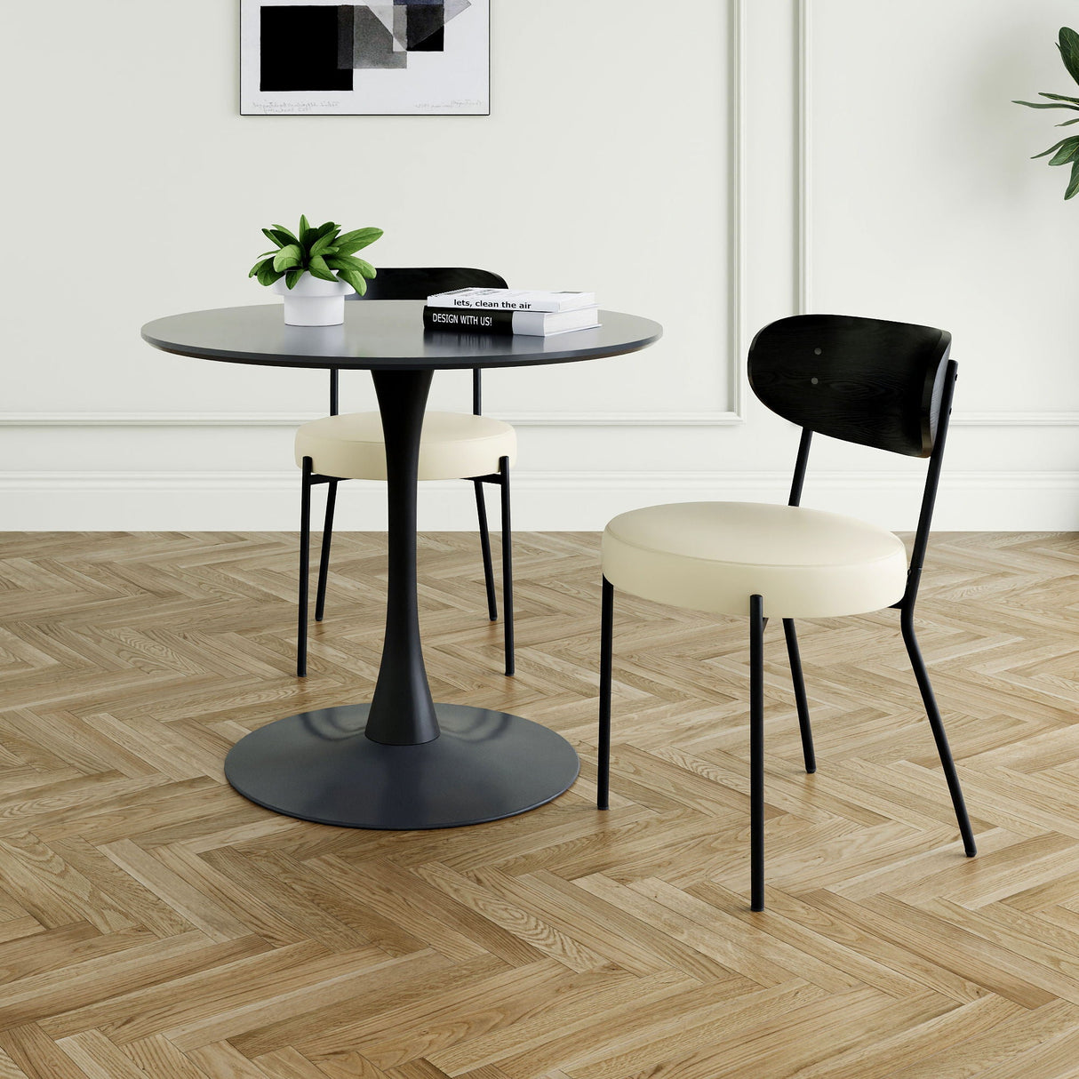 Modern Gray Simple PU Dining Chair Upholstered Chair Family Bedroom Stool Back Dressing, Black Round Table Set, Bentwood Covered With Ash Veneer Chair Back, Chair Metal Legs by Couch.com