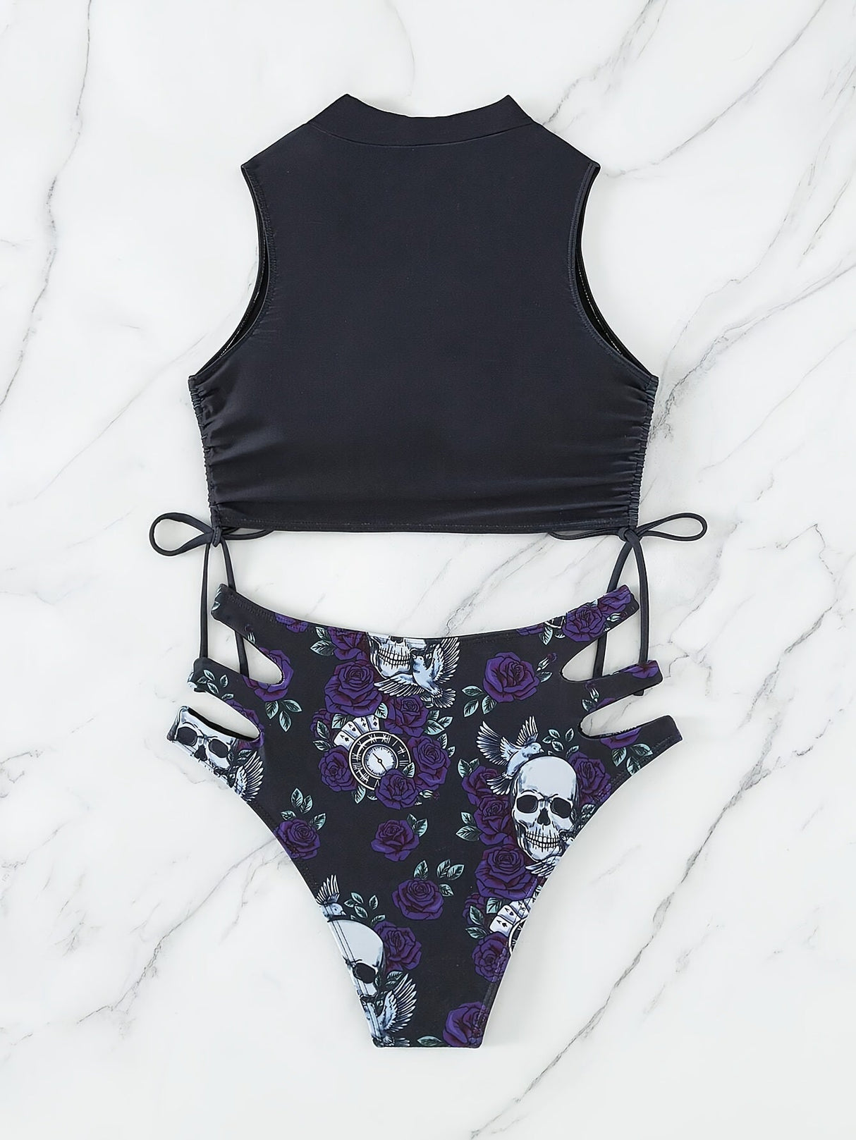 Bikini Skull Print Hollow-Out 2 Piece Swimsuit for Women – Sexy Lace-Up Floral Tie Bathing Suit with Crew Neck – High Stretch Halloween Inspired Bikini Set for Beach Party, Festival, and Summer Vacation