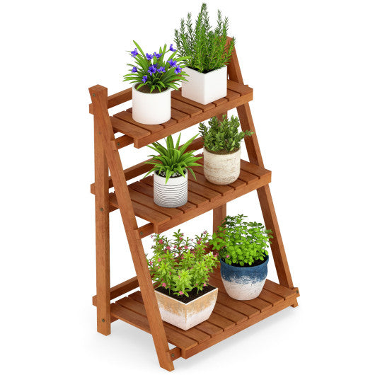 Foldable 3-Tier Solid Wood Plant Stand for Patio Balcony