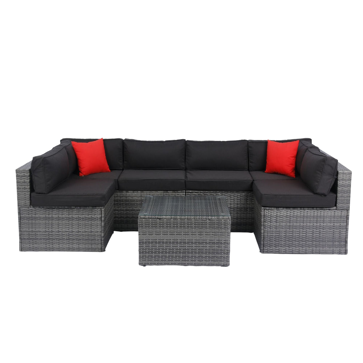 5 Pieces Rattan Sectional Outdoor Furniture Cushioned U Sof Set With 2 Pillow - Gray / Black by Couch.com