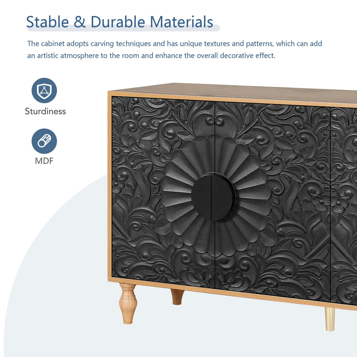Black Carved Symmetrical Design Door And Wood Coloured Frame TV Stand