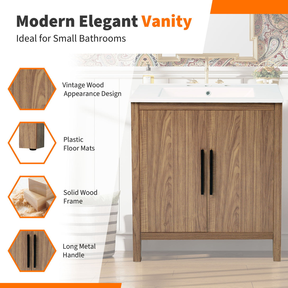 Bathroom Vanity With Single Sink, Combination Under Counter Sink, Bathroom Storage Cabinet With Soft Closing Door, Multi-Function Storage, Solid Wood Frame - Light Brown by Couch.com