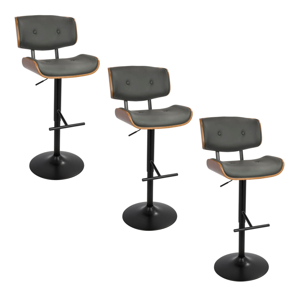 Lombardi - Mid Century Modern Adjustable Barstool With Swivel With Straight T Footrest (Set of 3) by Couch.com