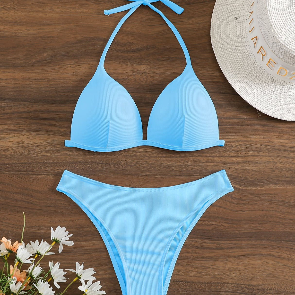 Bikini Rib Knit Solid Color Triangle 2 Piece Swimsuit for Women – Adjustable Tie Back Halter Bikini Set with Spaghetti Straps – High Stretch Polyester Swimwear for Summer Beachwear Poolside Relaxation and Tropical Vacation