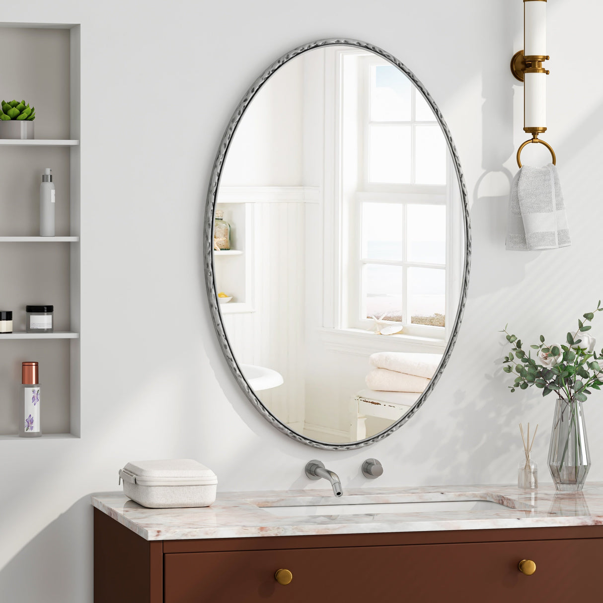 Iron Art Oval Retro Mirror with Antique Effect in Silver