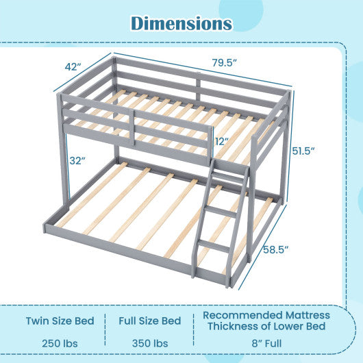 Twin Over Full Bunk Bed Low Floor Bunk Bed Frame-Gray