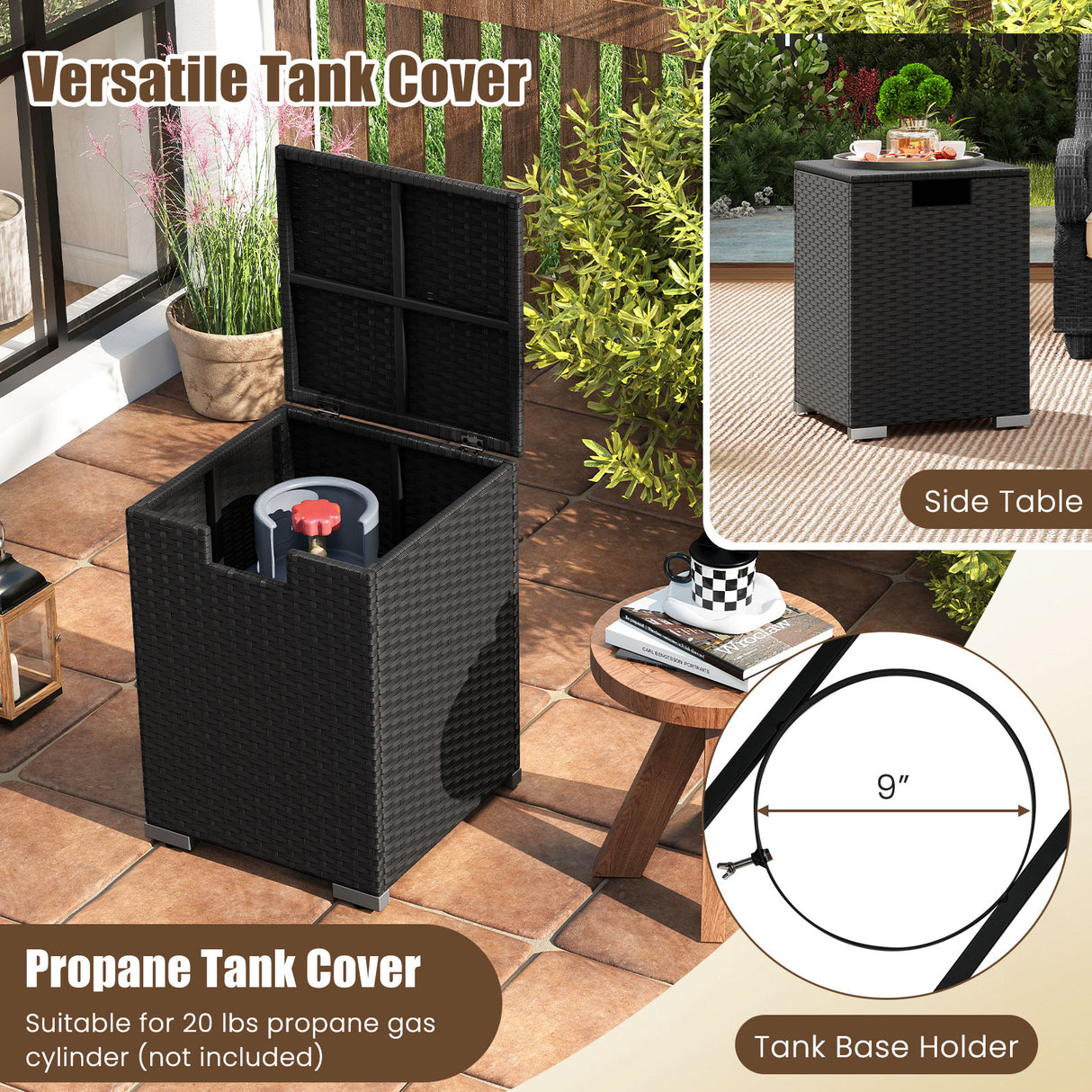 2-Piece Outdoor Rattan Fire Table Set 32 Inch Rectangle Gas Firepit with Tank Cover-Black