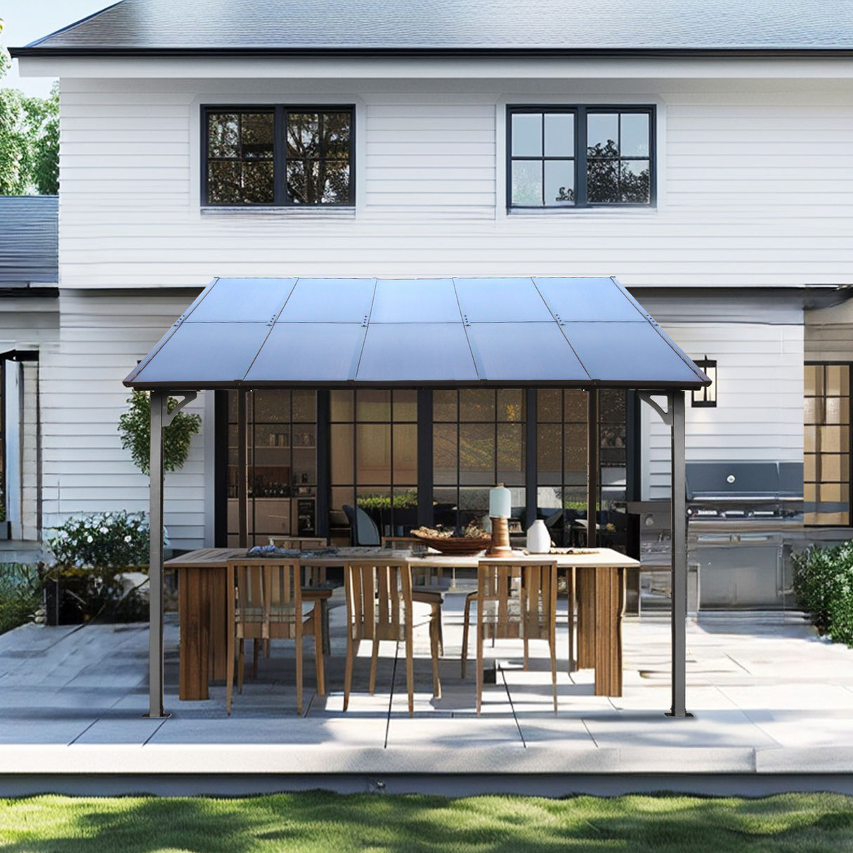Wall Mounted Outdoor Pergola Gazebo, Heavy Duty Metal Awning With Roof