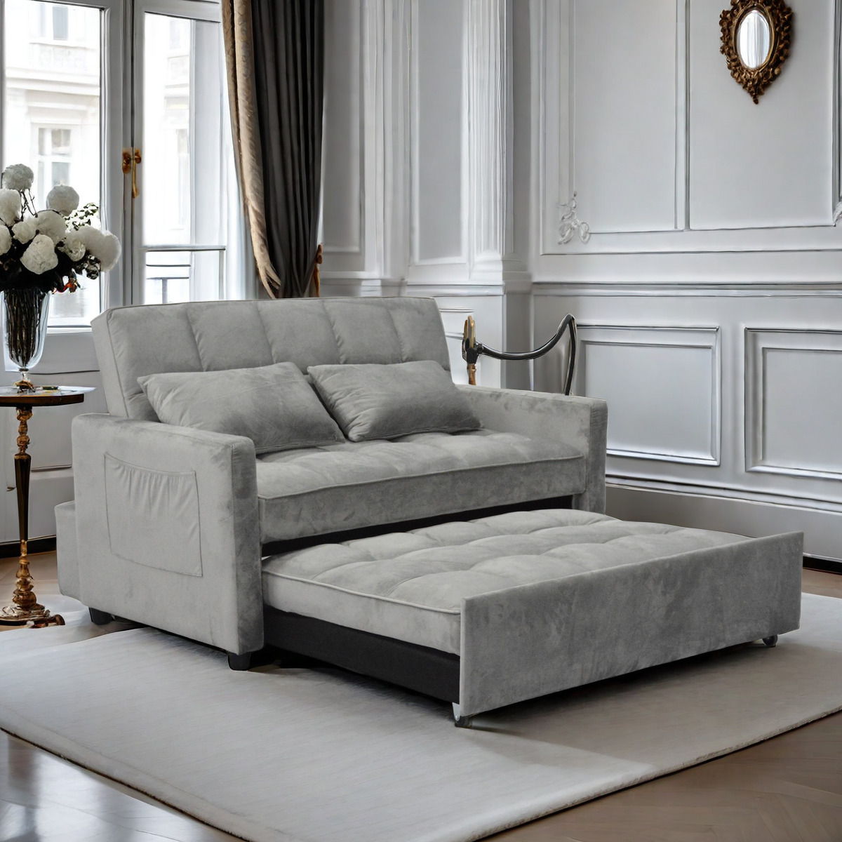 3 In 1 Convertible Sleeper Sofa Bed, Modern Velvet Fabric Futon Sofa Couch Pullout Bed, Adjustable Backrest With Three USB Ports, Two Side Pockets, Two Cup Holders And Swivel Phone Holder by Couch.com