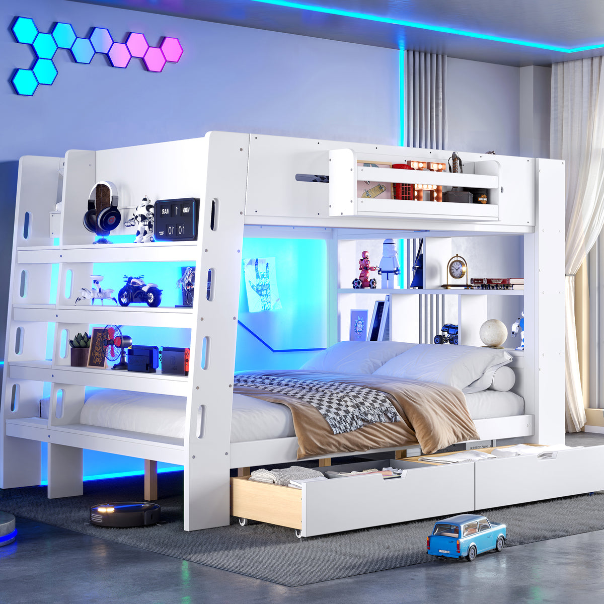 Full Over Full Bunk Bed with LED Lights, Bookcase Headboard & Storage Drawers, Space-Saving Bunk Bed Frame with Built-in Shelves & Guardrail for Bedroom Apartment, White