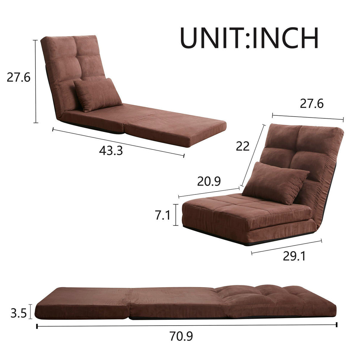 Modern Triple Fold Down Metal Frame Sofa Bed With 5 Reclining Positions And Pillow - Adjustable Upholstered Floor Couch For Gaming Or Guest Room - Brown by Couch.com
