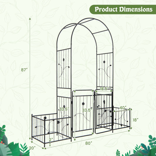 87 Inches Garden Arbor with Lockable Gate Side Planters-Black