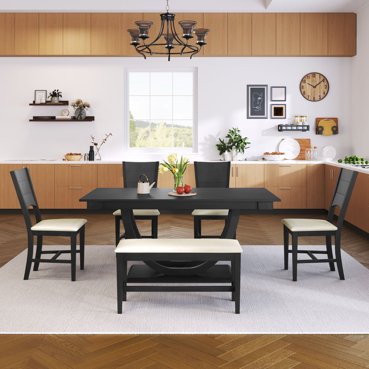 Topmax - 6 Piece Wood Half Round Dining Table Set Kitchen Table Set With Long Bench And 4 Dining Chairs, Modern Style by Couch.com