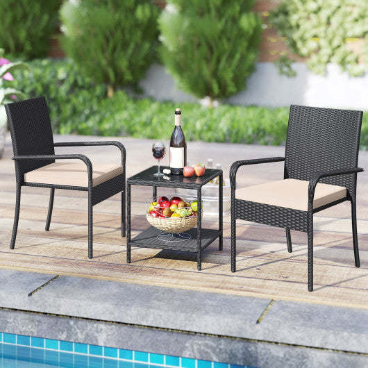 3 Piece Patio Furniture Set with Seat Cushions and Tempered Glass Tabletop-Beige