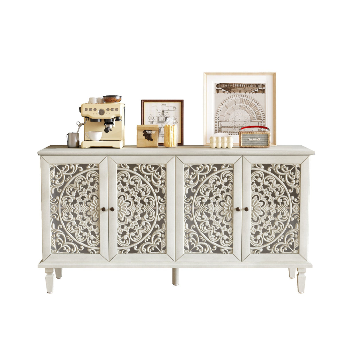60" Antique Buffet Cabinet with Floral Carvings and Solid Wood Legs