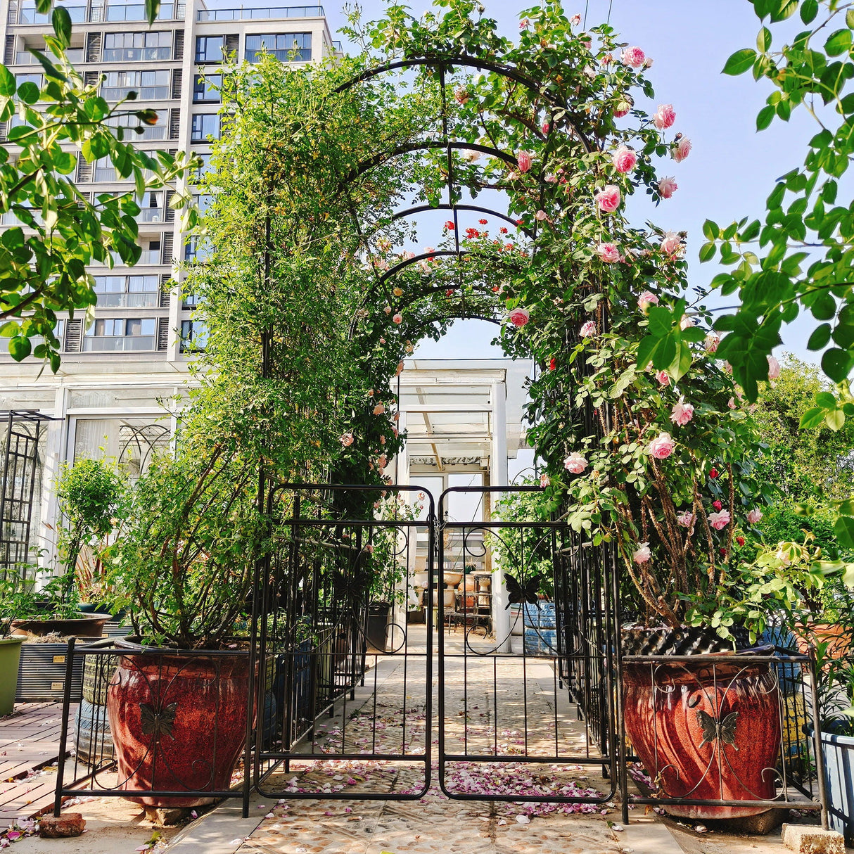 Metal Garden Arch With Gate High Climbing Plants Support Rose Arch Outdoor - Black by Couch.com