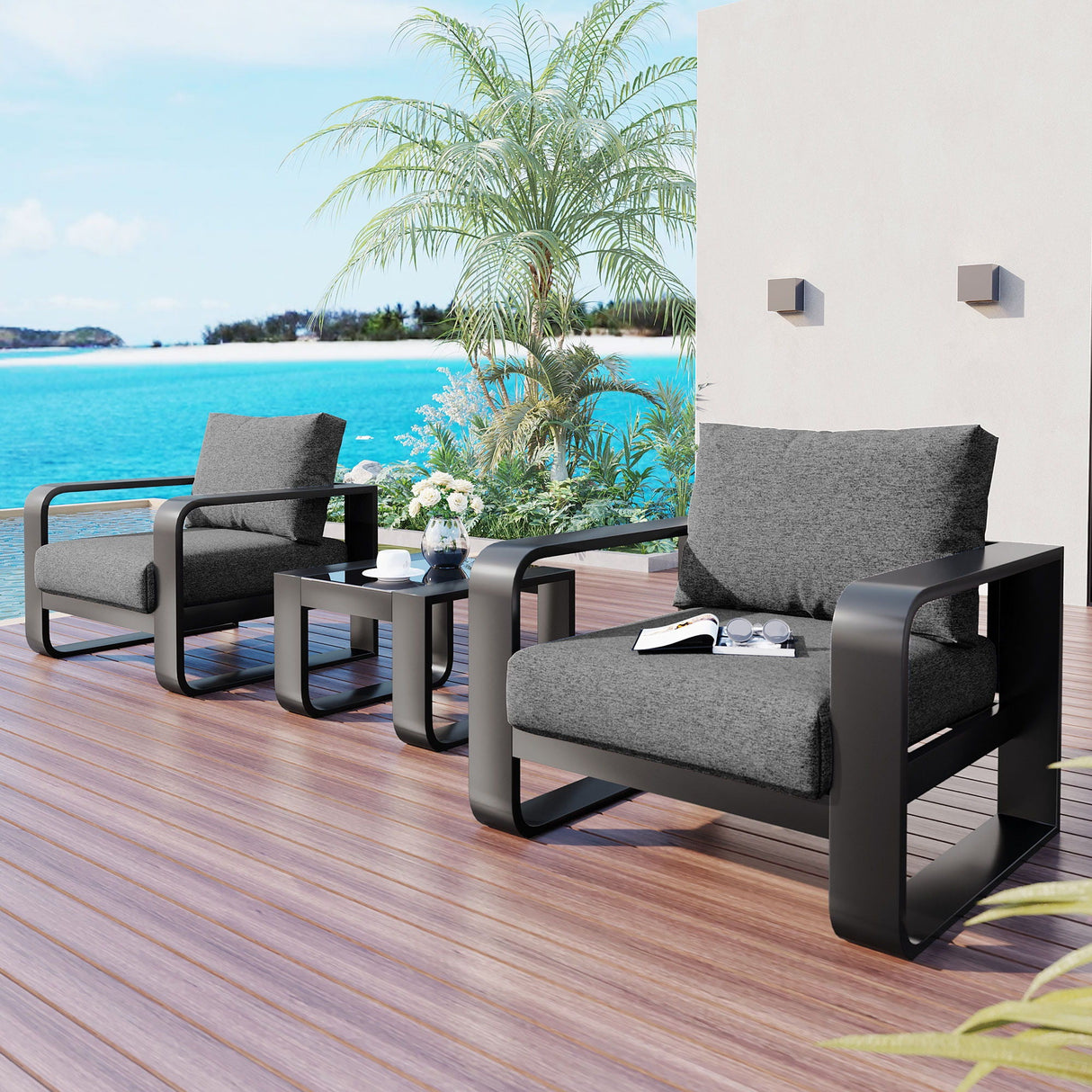 3 Piece Aluminum Frame Patio Furniture With 6.7" Thick Cushion And Coffee Table, All Weather Use Olefin Fabric Outdoor Chair - Gray / Black by Couch.com