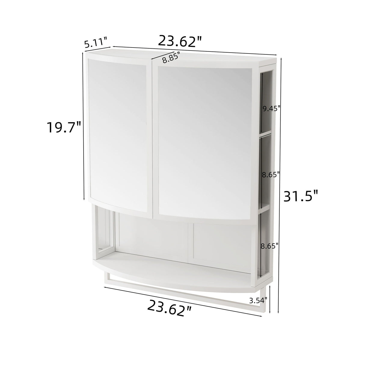 Arched Glass Double Door Wardrobe With Shatterproof Mirror, Open Shelf & Towel Rack