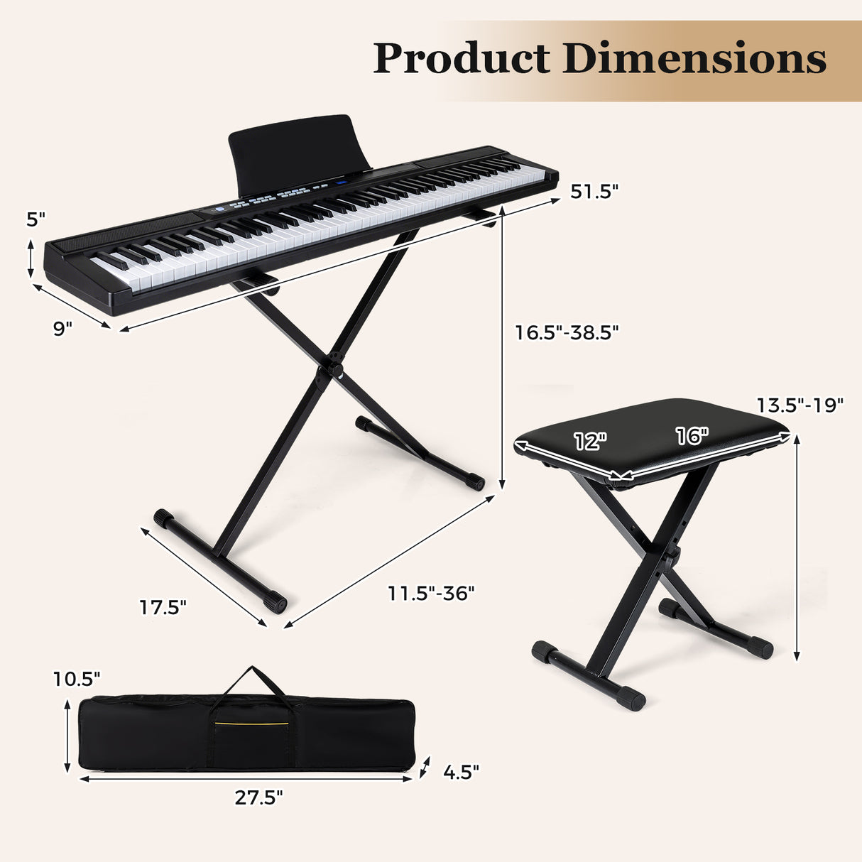 88-Key Electric Piano Keyboard with Adjustable Stand and Portable Bag-Black