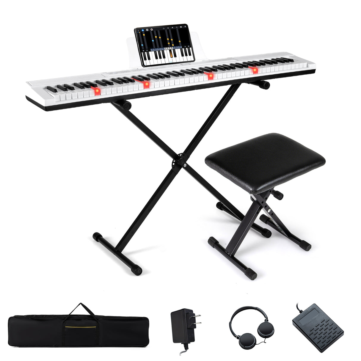 88-Key Electric Piano Keyboard with Adjustable Stand and Portable Bag-White