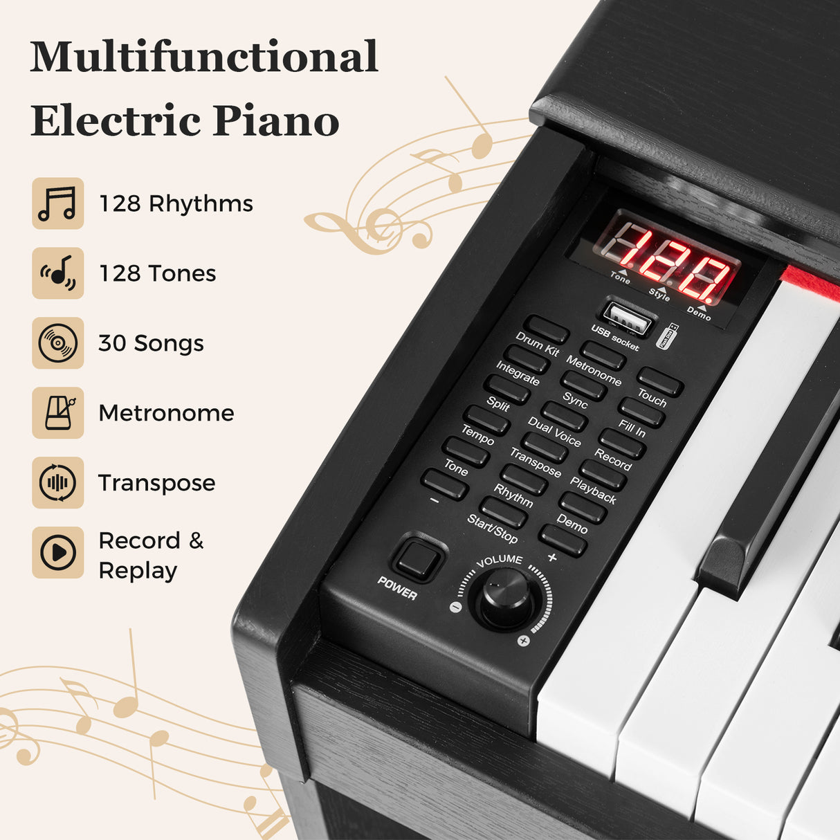 88-Key Hammer Action Weighted Keyboard with Furniture Stand-Black