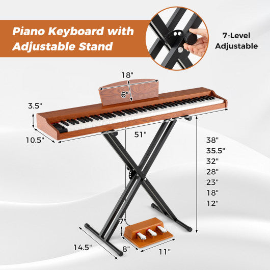 88-Key Keyboard Piano Set with Adjustable Stand-Brown