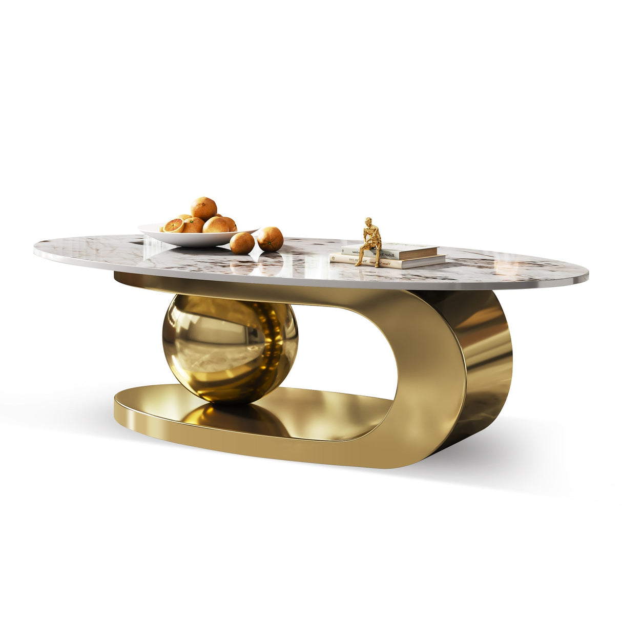 49.2 Inches Oval Faux Marble Coffee Table for Living Room with Stainless Steel Base