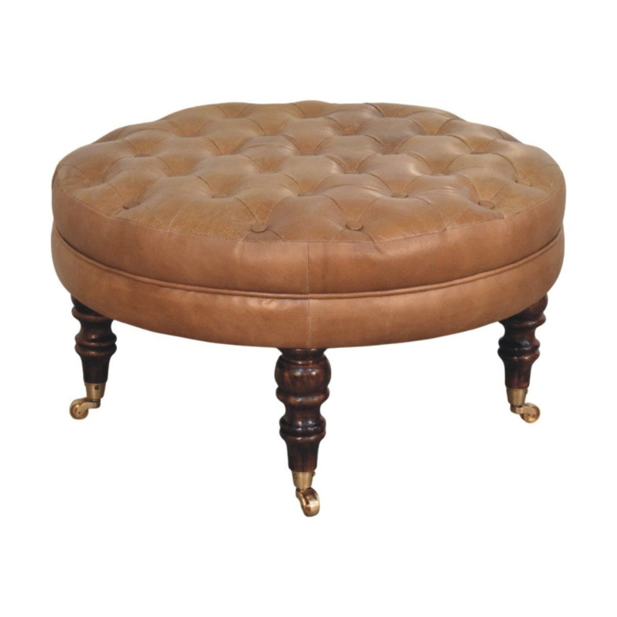 Buffalo - Leather Round Ottoman With Castor Legs - Brown by Couch.com