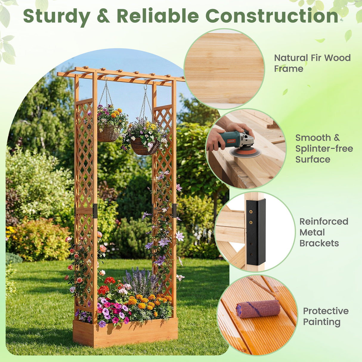 89 Inch Tall Wooden Raised Garden Bed with Side Trellis and Hanging Roof Drainage Holes-Orange